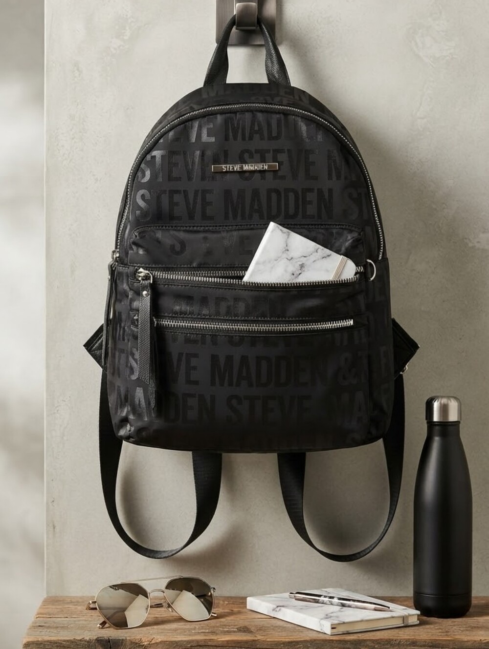 ​Steve Madden Black Nylon Monogram Logo Print Backpack Bag